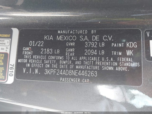 Продажа на аукционе авто 2022 Kia Forte Lxs, vin: 3KPF24AD8NE446263, номер лота: 44976041