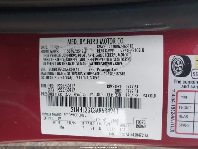 44976046 :رقم المزاد ، 3LNHL2GC3AR634941 vin ، 2010 Lincoln Mkz مزاد بيع