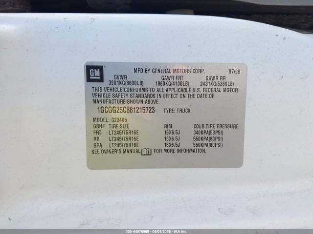 44976069 :رقم المزاد ، 1GCGG25C881215723 vin ، 2008 Chevrolet Express Work Van مزاد بيع