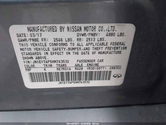 Продажа на аукционе авто 2017 Infiniti Q50 3.0t Premium, vin: JN1EV7AP5HM743532, номер лота: 44976073