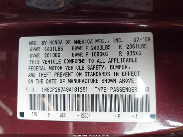 Продажа на аукционе авто 2009 Honda Accord 2.4 Ex, vin: 1HGCP26749A181251, номер лота: 44976076
