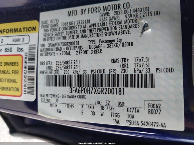 Продажа на аукционе авто 2016 Ford Fusion Se, vin: 3FA6P0H7XGR200181, номер лота: 44976078