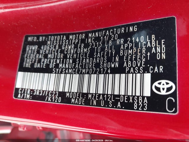 Aukcja sprzedaży 2021 Toyota Corolla Se, vin: 5YFS4MCE7MP072174, numer aukcji: 44976090