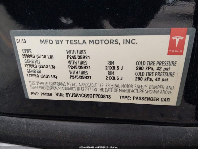 Aukcja sprzedaży 2013 Tesla Model S, vin: 5YJSA1CG9DFP03818, numer aukcji: 44976096