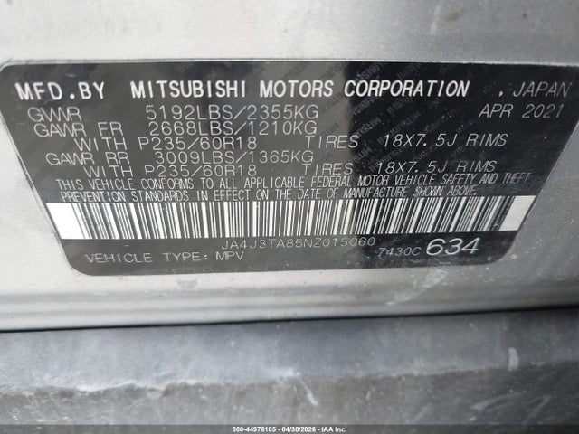 Продаж на аукціоні авто 2022 Mitsubishi Outlander Es 2.5 2wd, vin: JA4J3TA85NZ015060, номер лоту: 44976105