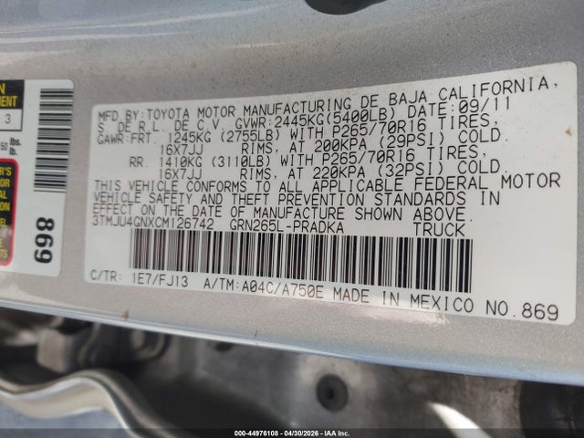 Aukcja sprzedaży 2012 Toyota Tacoma Prerunner V6, vin: 3TMJU4GNXCM126742, numer aukcji: 44976108