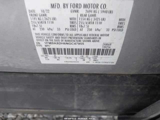 Aukcja sprzedaży 2022 Ford Explorer Xlt, vin: 1FMSK8DH6NGC47955, numer aukcji: 44976110