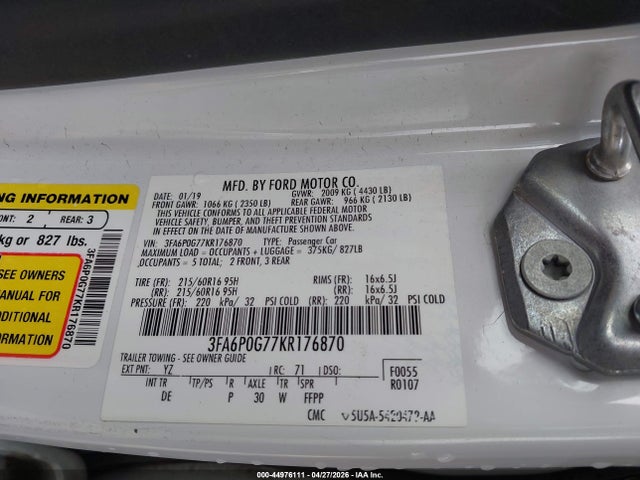 Aukcja sprzedaży 2019 Ford Fusion S, vin: 3FA6P0G77KR176870, numer aukcji: 44976111