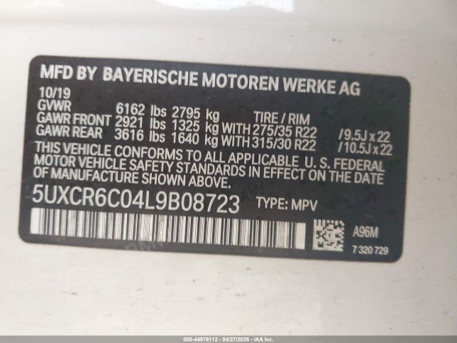 44976112 :رقم المزاد ، 5UXCR6C04L9B08723 vin ، 2020 Bmw X5 Xdrive40i مزاد بيع