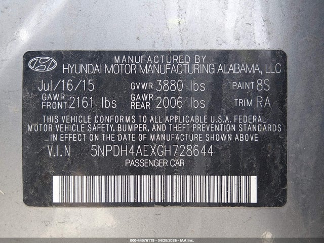 Aukcja sprzedaży 2016 Hyundai Elantra Se, vin: 5NPDH4AEXGH728644, numer aukcji: 44976119
