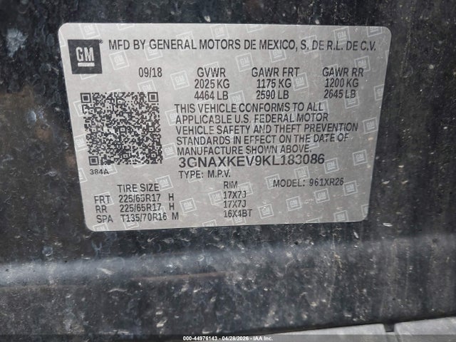 44976143 :رقم المزاد ، 3GNAXKEV9KL183086 vin ، 2019 Chevrolet Equinox Lt مزاد بيع