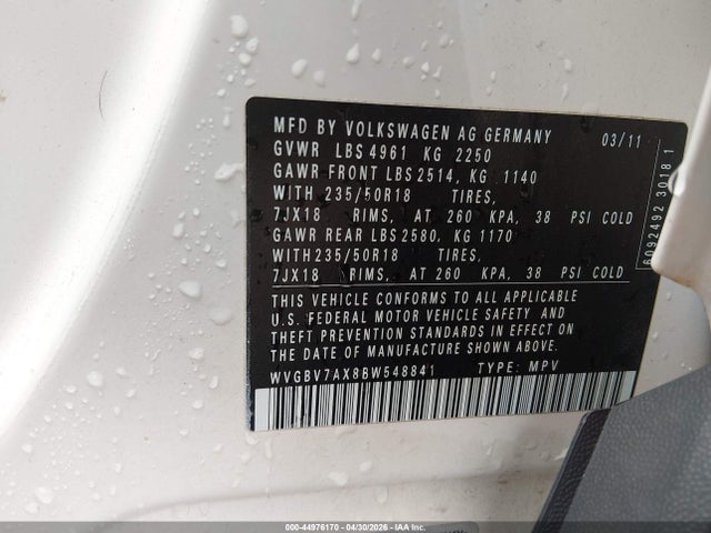 Продаж на аукціоні авто 2011 Volkswagen Tiguan Se, vin: WVGBV7AX8BW548841, номер лоту: 44976170