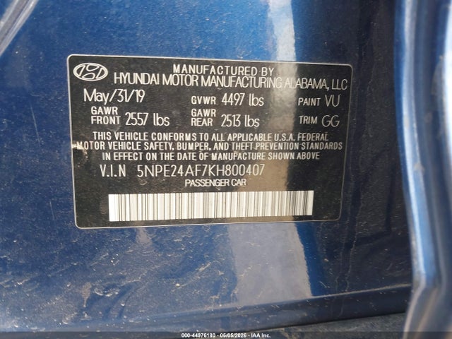 Aukcja sprzedaży 2019 Hyundai Sonata Se, vin: 5NPE24AF7KH800407, numer aukcji: 44976180