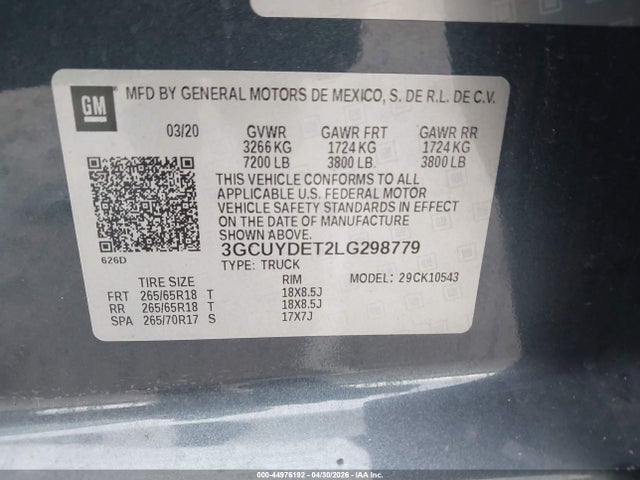 3GCUYDET2LG298779 Chevrolet Silverado 1500 4wd Short Bed Lt