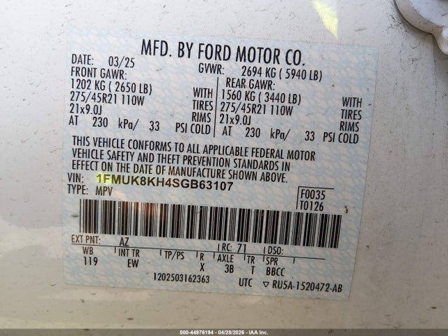 44976194 :رقم المزاد ، 1FMUK8KH4SGB63107 vin ، 2025 Ford Explorer St-line مزاد بيع