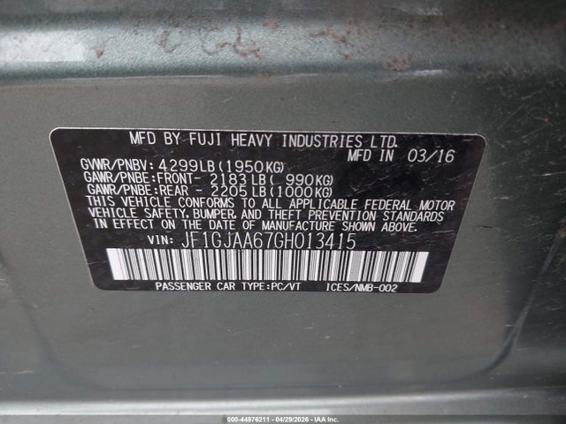 Aukcja sprzedaży 2016 Subaru Impreza 2.0i, vin: JF1GJAA67GH013415, numer aukcji: 44976211