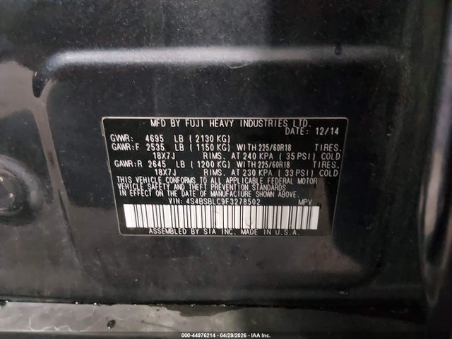 2015 Subaru Outback 2.5i Limited მანქანა იყიდება აუქციონზე, vin: 4S4BSBLC9F3278502, აუქციონის ნომერი: 44976214