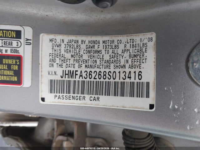 Aukcja sprzedaży 2008 Honda Civic Hybrid, vin: jhmfa36268s013416, numer aukcji: 44976215
