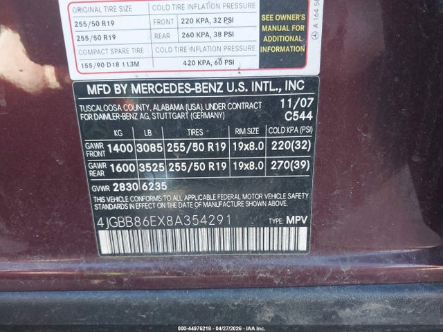 2008 Mercedes-benz Ml 350 4matic მანქანა იყიდება აუქციონზე, vin: 4JGBB86EX8A354291, აუქციონის ნომერი: 44976218