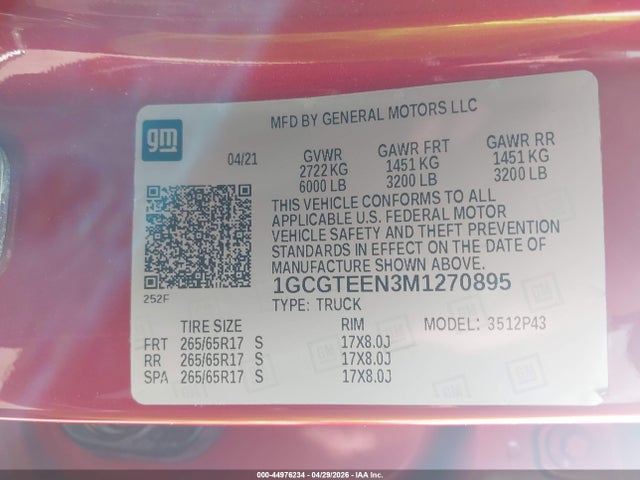 2021 Chevrolet Colorado 4wd  Short Box Zr2 მანქანა იყიდება აუქციონზე, vin: 1GCGTEEN3M1270895, აუქციონის ნომერი: 44976234
