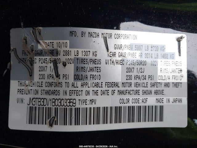 44976235 :رقم المزاد ، JM3TB3DV1B0303359 vin ، 2011 Mazda Cx-9 Grand Touring مزاد بيع