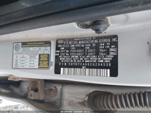 Продажа на аукционе авто 2012 Kia Sorento Lx, vin: 5XYKTCA66CG294538, номер лота: 44976236