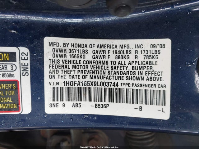 Aukcja sprzedaży 2009 Honda Civic Lx, vin: 1HGFA165X9L003744, numer aukcji: 44976246