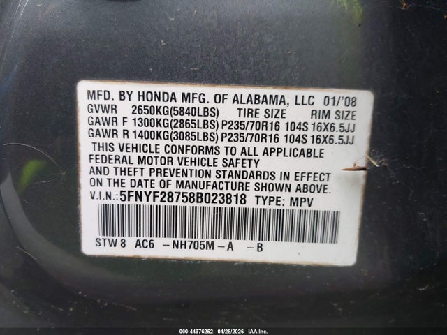Продажа на аукционе авто 2008 Honda Pilot Ex-l, vin: 5FNYF28758B023818, номер лота: 44976252