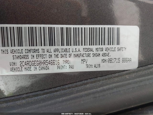 Aukcja sprzedaży 2017 Dodge Grand Caravan Gt, vin: 2C4RDGEG0HR546616, numer aukcji: 44976271