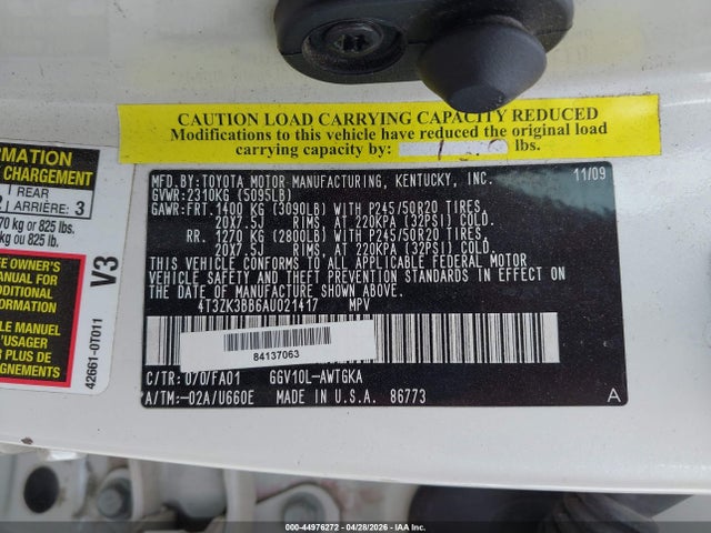 2010 Toyota Venza Base V6 მანქანა იყიდება აუქციონზე, vin: 4T3ZK3BB6AU021417, აუქციონის ნომერი: 44976272