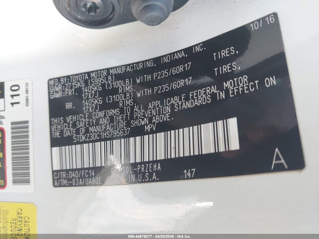 5TDKZ3DC1HS795637 Toyota Sienna Le 8 Passenger