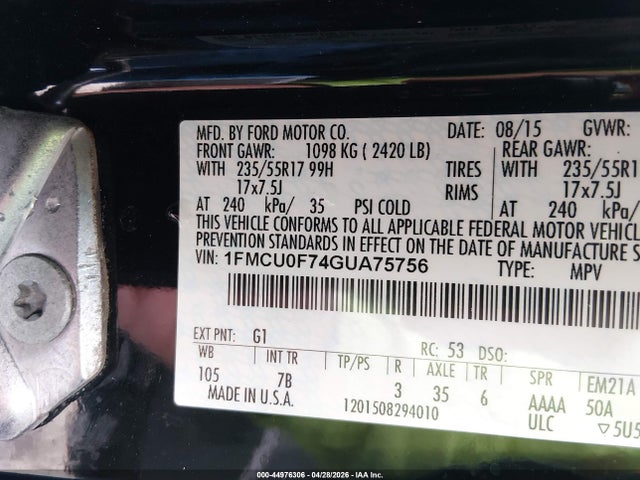 44976306 :رقم المزاد ، 1FMCU0F74GUA75756 vin ، 2016 Ford Escape S مزاد بيع