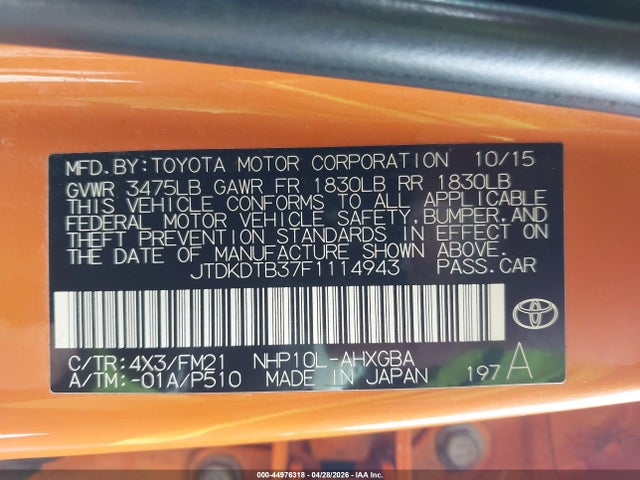 Aukcja sprzedaży 2015 Toyota Prius C Three, vin: JTDKDTB37F1114943, numer aukcji: 44976318