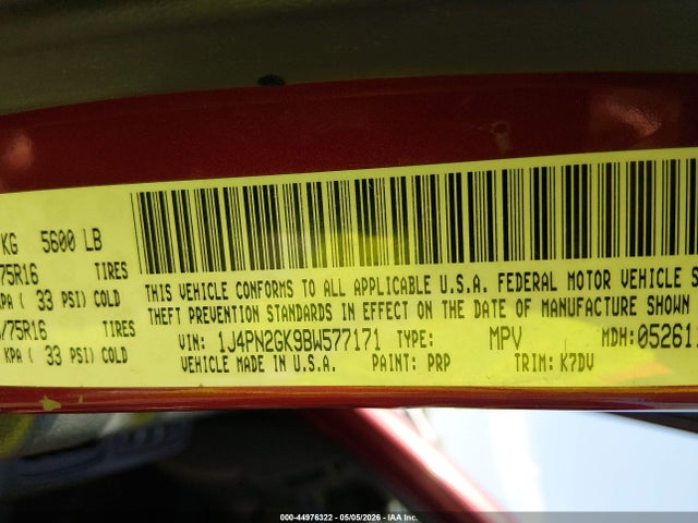 44976322 :رقم المزاد ، 1J4PN2GK9BW577171 vin ، 2011 Jeep Liberty Sport مزاد بيع
