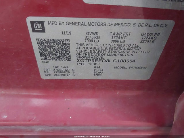 Aukcja sprzedaży 2020 Gmc Sierra 1500 4wd  Short Box At4, vin: 3GTP9EED8LG188554, numer aukcji: 44976324