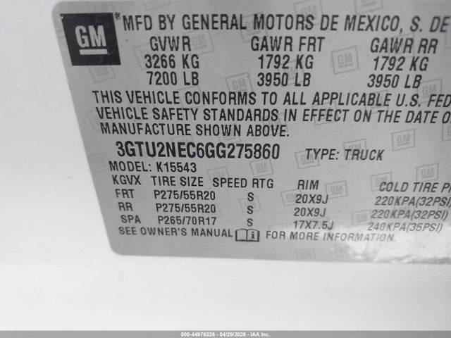 Aukcja sprzedaży 2016 Gmc Sierra 1500 Slt, vin: 3GTU2NEC6GG275860, numer aukcji: 44976328