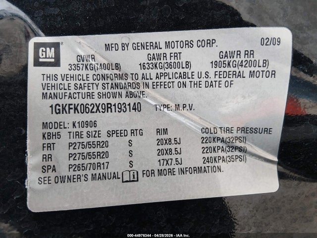 Продаж на аукціоні авто 2009 Gmc Yukon Xl 1500 Denali, vin: 1GKFK062X9R193140, номер лоту: 44976344