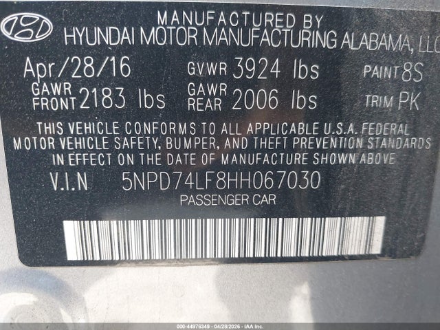 2017 Hyundai Elantra Se მანქანა იყიდება აუქციონზე, vin: 5NPD74LF8HH067030, აუქციონის ნომერი: 44976349