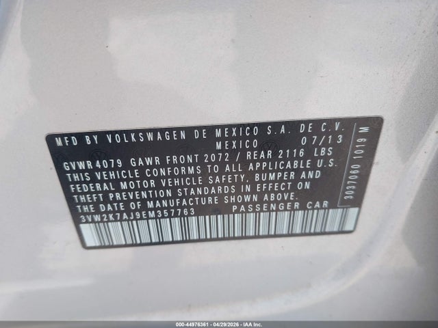 2014 Volkswagen Jetta 2.0l S მანქანა იყიდება აუქციონზე, vin: 3VW2K7AJ9EM357763, აუქციონის ნომერი: 44976361