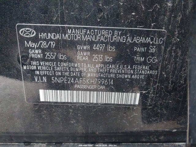 2019 Hyundai Sonata Se მანქანა იყიდება აუქციონზე, vin: 5NPE24AF5KH799614, აუქციონის ნომერი: 44976367