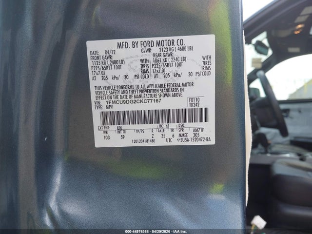 44976368 :رقم المزاد ، 1FMCU9DG2CKC77167 vin ، 2012 Ford Escape Xlt مزاد بيع