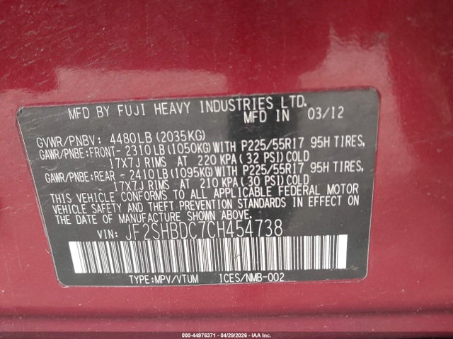 Aukcja sprzedaży 2012 Subaru Forester 2.5x Premium, vin: JF2SHBDC7CH454738, numer aukcji: 44976371