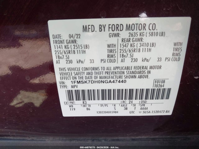 2022 Ford Explorer Xlt მანქანა იყიდება აუქციონზე, vin: 1FMSK7DH0NGA47440, აუქციონის ნომერი: 44976378