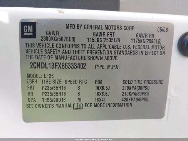 Aukcja sprzedaży 2008 Chevrolet Equinox Ls, vin: 2CNDL13FX86333402, numer aukcji: 44976394