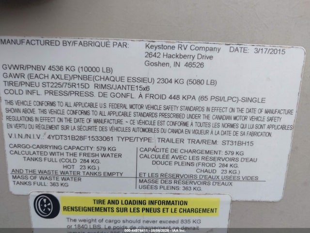 44976411 :رقم المزاد ، 4YDT31B28F1533061 vin ، 2015 Keystone Sprinter مزاد بيع