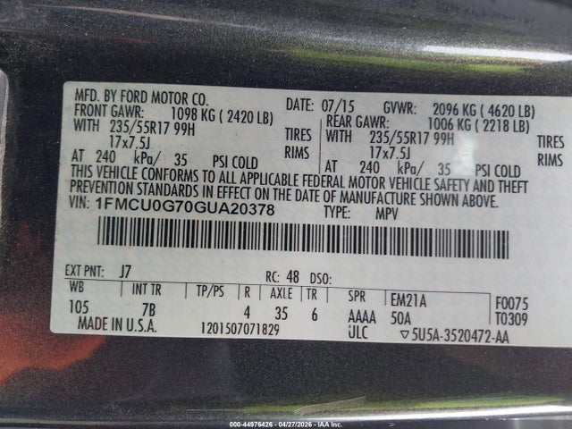 44976426 :رقم المزاد ، 1FMCU0G70GUA20378 vin ، 2016 Ford Escape Se مزاد بيع