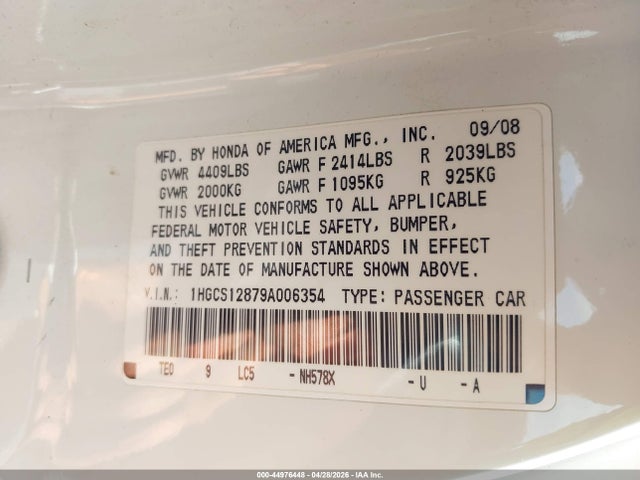 Продажа на аукционе авто 2009 Honda Accord 2.4 Ex-l, vin: 1HGCS12879A006354, номер лота: 44976448