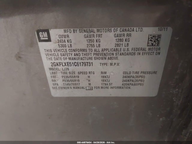 Aukcja sprzedaży 2012 Gmc Terrain Slt-2, vin: 2GKFLXE51C6179731, numer aukcji: 44976454