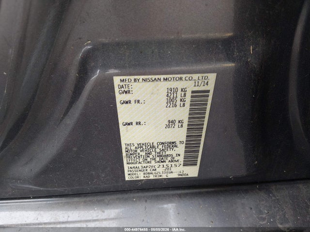 44976455 :رقم المزاد ، 1N4AL3AP2FC215157 vin ، 2015 Nissan Altima 2.5 S مزاد بيع