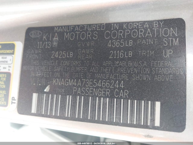 44976512 :رقم المزاد ، KNAGM4A73E5466244 vin ، 2014 Kia Optima Lx مزاد بيع